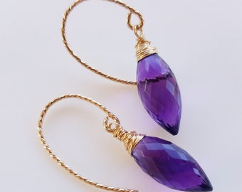 Wire Wrapped Amethyst Earrings 14K Gold Filled February birthstone Earrings Genuine Grade AAA Flawless gemstones Real Natural Gemstone