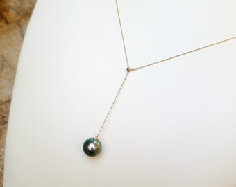 Perfect Round Grade AA Tahitian Pearl Lariat Necklace 10-11mm Natural Peacock Green Color Untreated Non-Dyed