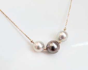 Reserved: Triple Pearl Floating Pearl Necklace 18K solid Gold Tahitian Pearl 9-10mm Natutal Silver Blue Akoya Pearl 7.5-8mm Perfect Round