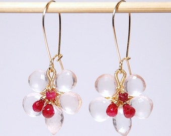 Rose quarts ruby flower earrings- 14K gold filled