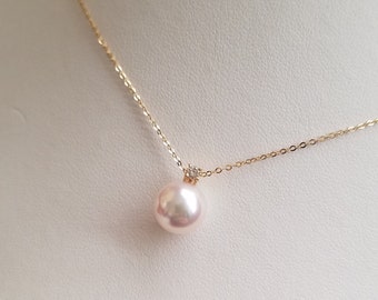 Genuine pearl necklace w/ 0.05 ct diamond in 18Kt solid yellow or white gold top quality AA to AAA best lustrous Akoya pearl 7.5-9mm