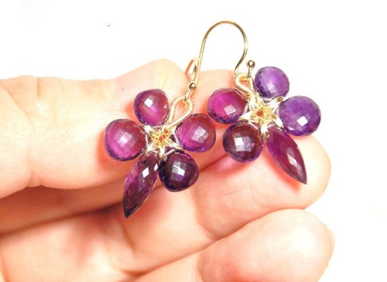 Grade AA-AAA micro faceted Amethyst 14K gold filled wire wrapped flower earrings image 2