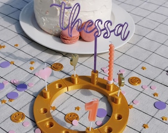 Personlig glitterfödelsedagskrans med namn, färgglad födelsedagsring, födelsedagsställ, ljus, födelsedagsbordsdekoration