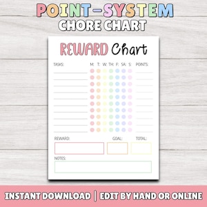 May include: A printable chore chart with a rainbow color scheme. The chart has sections for tasks, points, reward, goal, and total. It includes the text "POINT-SYSTEM CHORE CHART" and "REWARD Chart".