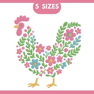 May include: An embroidered rooster design, filled with pink, blue, and green floral and leaf patterns. The rooster has a pink comb and wattle, yellow beak and feet. The text "5 SIZES" is in a pink bubble at the top.