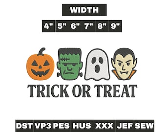 Wzór haftu z motywem horroru na Halloween: Wampir, Duch, Frankenstein (6 rozmiarów) (do pobrania w wersji cyfrowej)