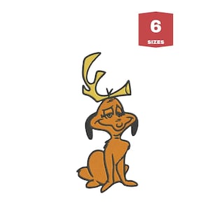 May include: An orange cartoon dog character with a yellow antler-like headpiece. The dog is sitting with a sad expression. A red square with the number 6 and the word "SIZES" is in the upper right corner.