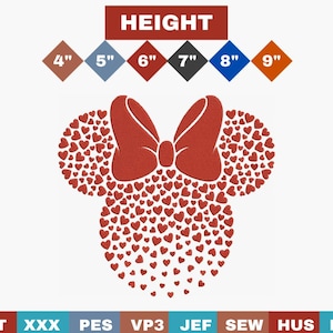 May include: Red Minnie Mouse head and bow design made of hearts. The image includes size options from 4 to 9 inches in height. The word "HEIGHT" is at the top. Embroidery file formats are listed at the bottom.