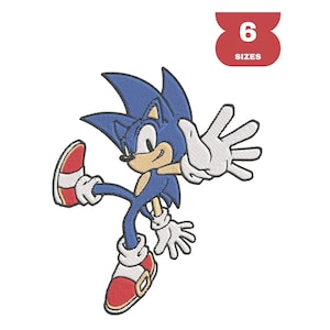 Puede incluir: Parche bordado de Sonic the Hedgehog en pose de carrera, con cuerpo azul, guantes blancos y zapatos rojos y blancos. El parche tiene un gráfico circular rojo y blanco con el número 6 y la palabra SIZES.