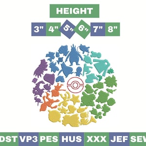 Może przedstawiać: Kolorowy wzór z sylwetkami postaci ułożonymi w okrąg. Obraz zawiera słowo "HEIGHT" i wymiary od 7,6 cm do 20,3 cm. Na dole znajdują się skróty formatów plików: DST VP3 PES HUS XXX JEF SEW.