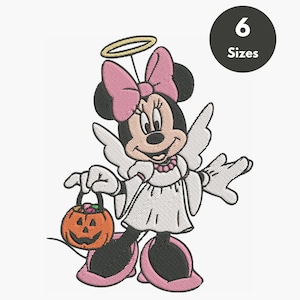 Könnte beinhalten: Gesticktes Design von Minnie Maus als Engel, mit Heiligenschein und Flügeln, die einen Kürbis-Laterne hält. Sie hat eine rosa Schleife und Schuhe. Ein schwarzer Kreis mit dem Text "6 Sizes" befindet sich oben rechts.