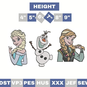 Può includere: Ricami con Elsa, Olaf e Anna di Frozen. L'immagine include opzioni di altezza da 10 cm a 23 cm. L'immagine include anche i formati file: DST, VP3, PES, HUS, XXX, JEF e SEW.