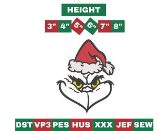 Grinch Face Embroidery Design, Christmas Embroidery File, 6 Sizes (Digital Download)