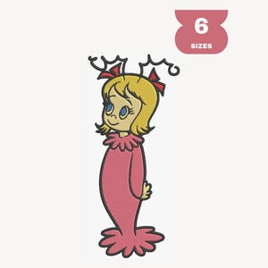 May include: A cartoon illustration of a character with blonde hair, blue eyes, and a pink outfit. The character has a ruffled collar and a decorative headpiece with red bows. A pink banner with the text "6 SIZES" is in the upper right corner.