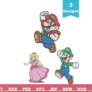 Peut inclure: Motifs de broderie représentant Mario, Luigi et la Princesse Peach. Mario est en train de sauter, Luigi salue et la Princesse Peach est debout. L'image comprend le texte "3 Designs" et des abréviations de formats de fichiers.