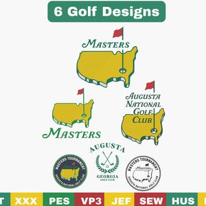 May include: Image features six golf-themed designs. The designs include the Masters Tournament logo, the Augusta National Golf Club logo, and other related graphics. The text "6 Golf Designs" is at the top. The designs are in green, yellow, and red.