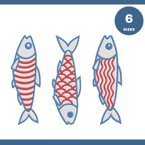 May include: Three stylized fish designs in red, white, and blue. Each fish has a white body with blue outlines and fins. The fish are decorated with red stripes, scales, and wavy lines. A blue circle with the text "6 SIZES" is in the upper right corner.