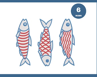 Motif de broderie sardines : motif poisson d'été (3 motifs, 6 tailles) (téléchargement numérique