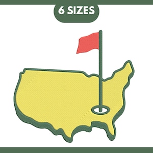 May include: An embroidered design of the United States with a golf flag in the center. The flag is red with a white pole. The design is outlined in green and filled with yellow.
