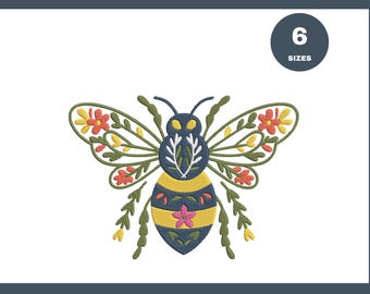 Floral Bee Embroidery Design: 6 Sizes (Instant Download)