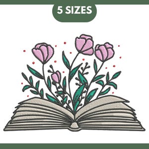 Book embroidery design, Floral book embroidery design, 5 Sizes, Instant Download