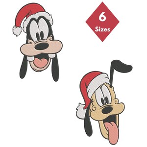 May include: Embroidered designs of two cartoon dog faces wearing Santa hats. One face is smiling with its tongue out. A red diamond shape with the text "6 Sizes" is also present.