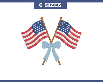 American Flag Embroidery Design: Ribbon Bow, 4th July (Instant Download, 6 Sizes)