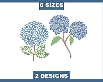青いアジサイの花の刺繍デザイン：2デザイン、6サイズ（デジタルダウンロード）