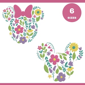 Diseño floral de bordado de Mickey Mouse y Minnie Mouse, diseño de bordado a máquina floral, bordado de cabeza de Mickey Minnie, 2 diseños