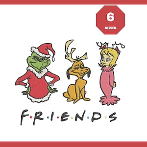 May include: Embroidered design featuring the Grinch, Max, and Cindy Lou Who from the classic Christmas story. The Grinch is in a red Santa suit, Max is a yellow dog, and Cindy Lou Who is in a pink dress. The word "FRIENDS" is written below the characters.