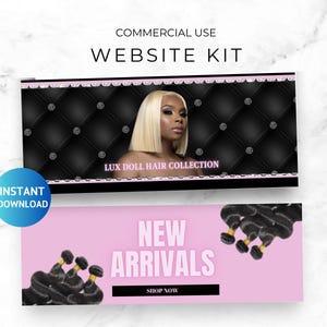 Hair Website Banner Kit, Shopify Templates for Wig Boutique Design, Canva Digital Banners, Customizable Set