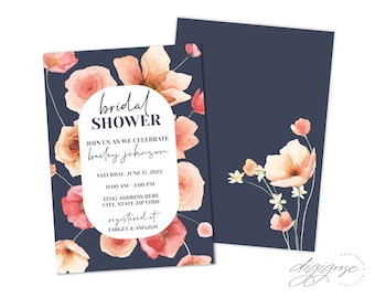 EDITABLE Bridal Shower Invitation TEMPLATE, Printable Wedding Shower, Wedding, Floral, Peach, Navy, Do it yourself, DIY, Instant Download