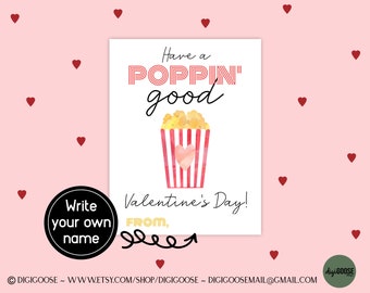 PRINTABLE Popcorn Valentine Card / Valentine Printable for Kids / Popcorn Poppin' Valentine / School Valentine Cards for Kids / Friends