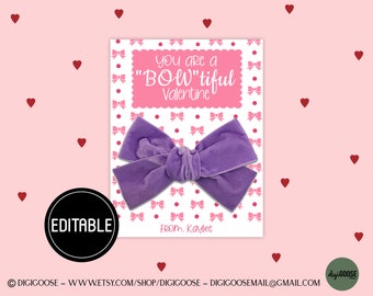 EDITABLE Hair Bow Valentine Card / Valentine Printable for Kids / Girl Valentine / School Valentine Cards for Kids / Friends / Bow tastic