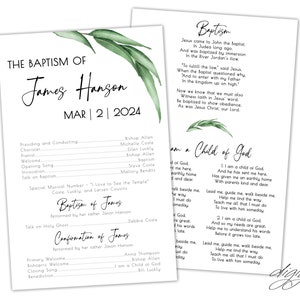May include: A white and green baptism program with the text "The Baptism of James Hanson" and "Mar 2 2024". The program lists the order of events for the ceremony, including the names of the officiants and musicians.