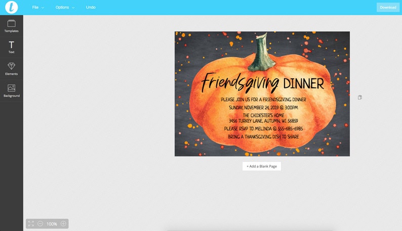 Puede incluir: Una invitaci&oacute;n a una cena de Acci&oacute;n de Gracias con una calabaza de acuarela sobre un fondo de pizarra. La invitaci&oacute;n incluye la fecha, la hora, la ubicaci&oacute;n y la informaci&oacute;n de RSVP. Tambi&eacute;n solicita a los invitados que traigan un plato para compartir.