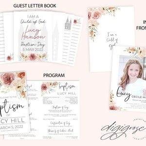 May include: A printable baptism invitation with a watercolor floral design in shades of pink and peach. The invitation features a photo of a young girl in a white dress and the text "Lucy Cecile Hill would like to invite you to her baptism".