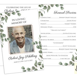 May include: A funeral service program with a photo of Robert Jay Schilling and a floral design. The program lists the order of service, including the names of the officiant, choir, pianist, and speakers. The program also includes the dates of Robert's birth and death.