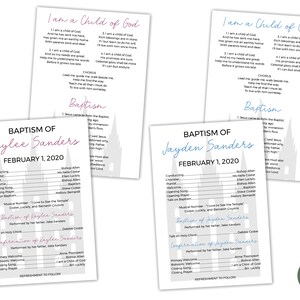 May include: Four printed cards with religious text and baptism details. Two cards feature pink text, and two have blue text. Each card includes the phrase "I am a Child of God" and a baptism announcement with a name and date.