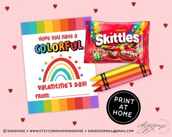 Valentine Card Printable / Printables for Kids / Instant Download / School Valentine Cards for Kids / Skittles / Crayons / Rainbow / Easy