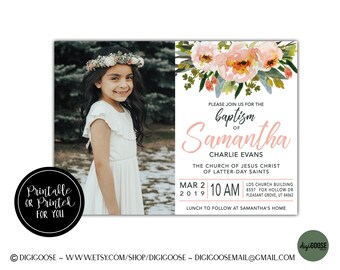 SAME DAY // Baptism invitation // Baptism announcement // LDS baptism // Lds Girl Baptism invitation // Personalized // Printable // Floral