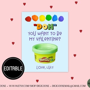 EDITABLE Valentine Card Printable / Valentine Printables for Kids / Instant Download / School Valentine Cards for Kids / Friends / Play Doh