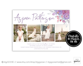 SAME DAY // Baptism invitation // announcement // LDS baptism // Lds Girl Baptism // Personalized // Printable // Floral // 4 pictures