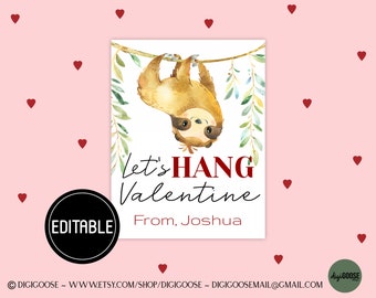 EDITABLE SLOTH Valentine Card / Valentine Printable for Kids / Sloth Valentine's / School Valentine Cards for Kids / Friends / Non-Candy