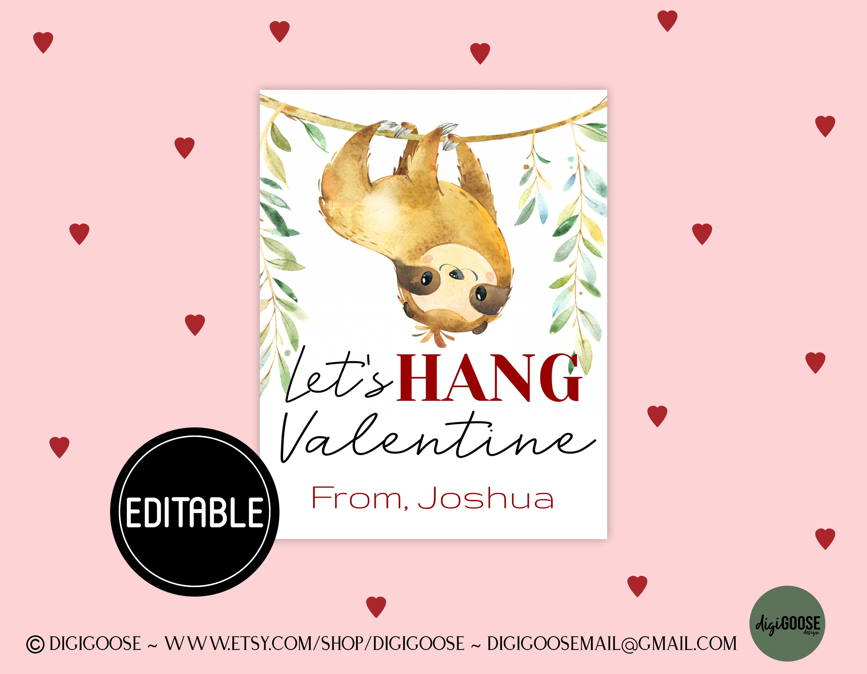 EDITABLE SLOTH Valentine Card / Valentine Printable for Kids / Sloth ...