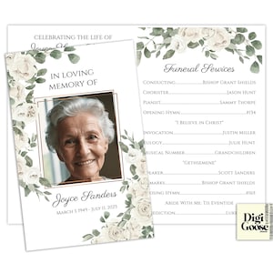 May include: A white and green floral funeral program with a photo of Joyce Sanders. The program lists the funeral service details, including the names of the officiant, choir, pianist, and speakers. The program also includes the hymns that will be sung.