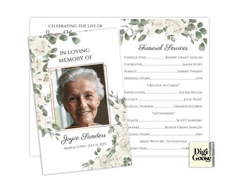 EDITABLE, Funeral Program Template, Printable Funeral Program, Lds Services, DIY, Editable Template, White Floral, watercolor