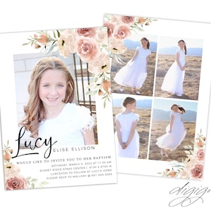 Könnte beinhalten: Eine Taufeinladung mit floralem Design. Die Einladung zeigt ein Foto eines jungen Mädchens in einem weißen Kleid und den Text "Lucy Elise Ellison Would like to invite you to her baptism Saturday, March 5, 2022 at 11:30 am Sunset Ridge Stake Center | 8100 S 6700 W Luncheon to follow at Lucy's home Please RSVP to Mallory @ 801-555-5555 digigoose"