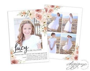 SAME DAY // Baptism invitation // announcement // Lds Girl Baptism // Personalized // Printable // Floral // Popular // 4-6 pictures