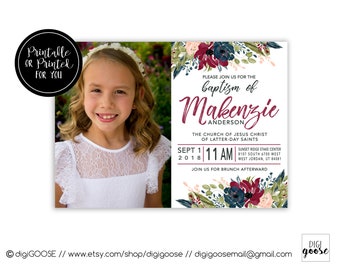 SAME DAY // Baptism invitation // Baptism announcement // LDS baptism // Lds Girl Baptism // Personalized // Printable // Floral // Fall
